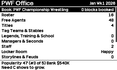 The office menu: book the show, roster, free agents, titles and more
