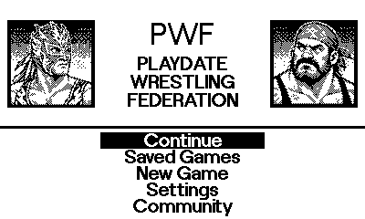 The title screen: two wrestlers either side of the words Playdate Wrestling Federation, above the menu